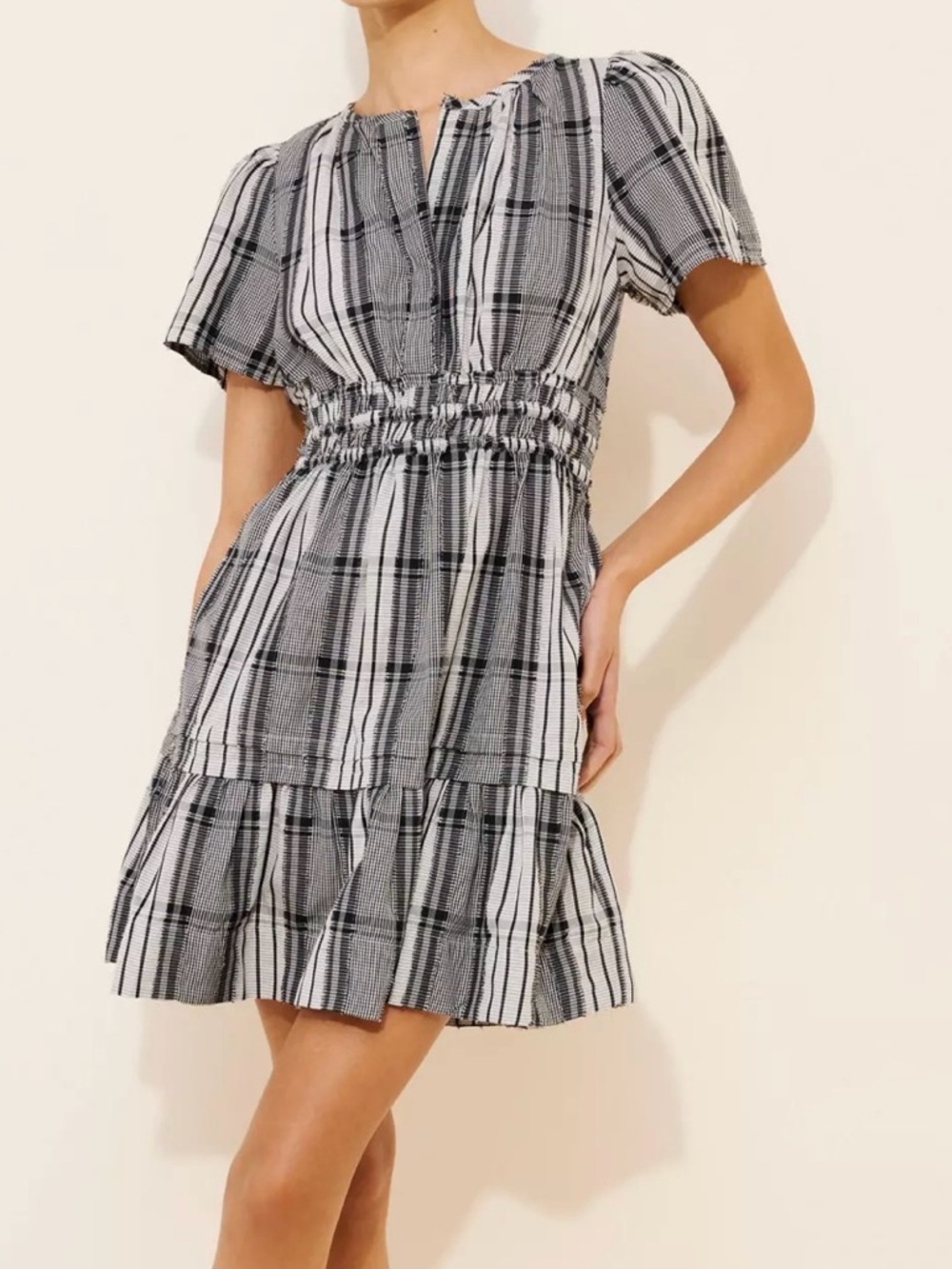 NEW!!!Anthropologie Black & White Plaid Smocked Mini Somerset Dress size Large
